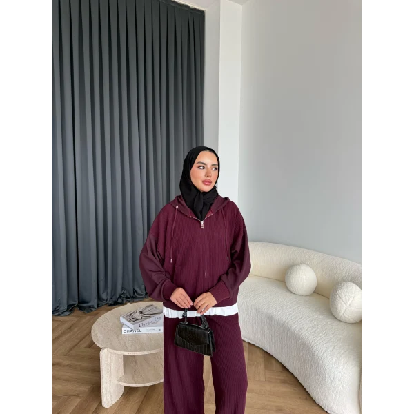 Venusa Kapşonlu Triko Takım - Bordo