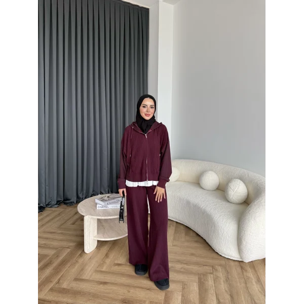 Venusa Kapşonlu Triko Takım - Bordo