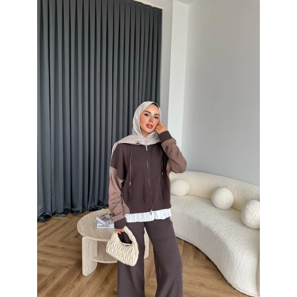 Venusa Kapşonlu Triko Takım - Kahve