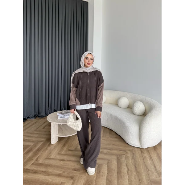 Venusa Kapşonlu Triko Takım - Kahve