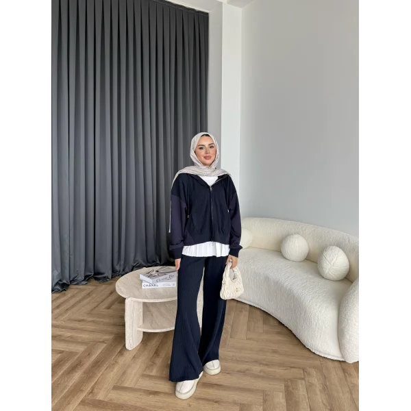 Venusa Kapşonlu Triko Takım - Lacivert