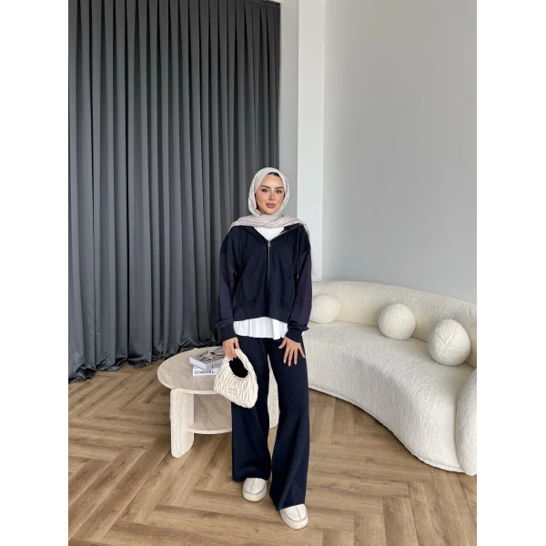 Venusa Kapşonlu Triko Takım - Lacivert
