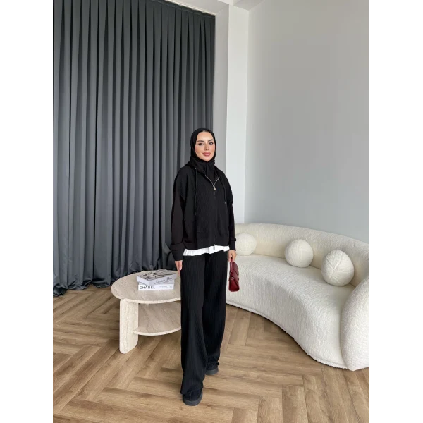 Venusa Kapşonlu Triko Takım - Siyah