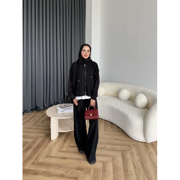 Venusa Kapşonlu Triko Takım - Siyah