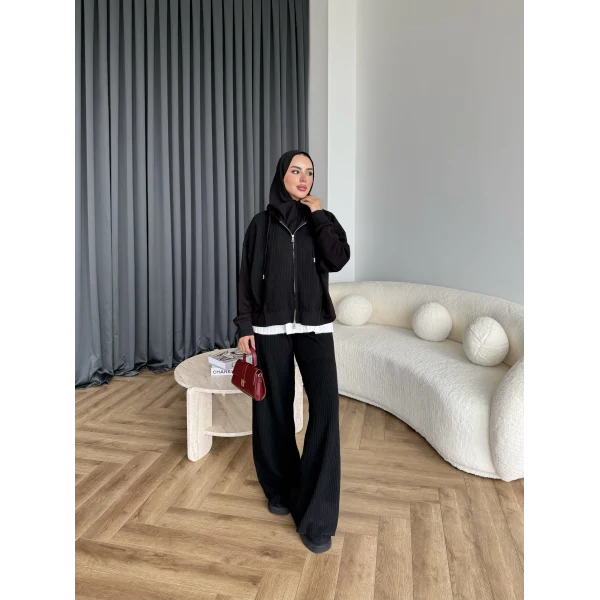 Venusa Kapşonlu Triko Takım - Siyah