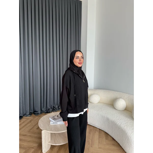 Venusa Kapşonlu Triko Takım - Siyah