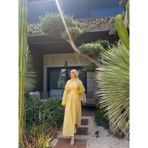 Woun Kol Detay Elbise - Sarı