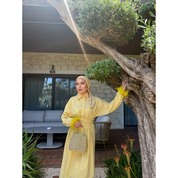 Woun Kol Detay Elbise - Sarı