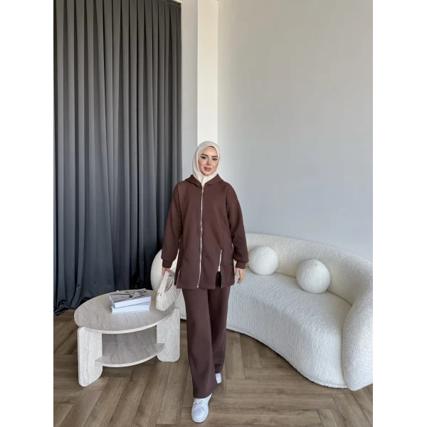 Yan Fermuarlı 3 İplik Takım - Acı Kahve