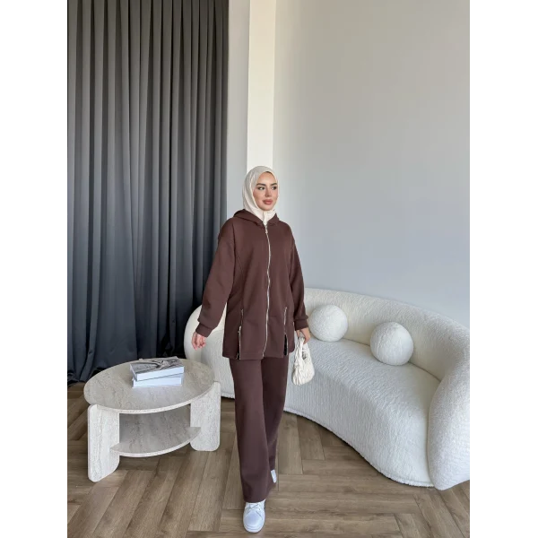 Yan Fermuarlı 3 İplik Takım - Acı Kahve