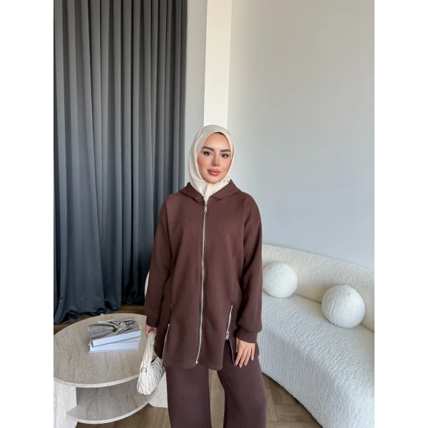 Yan Fermuarlı 3 İplik Takım - Acı Kahve