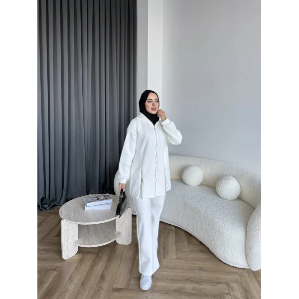 Yan Fermuarlı 3 İplik Takım - Beyaz