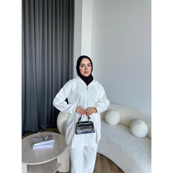 Yan Fermuarlı 3 İplik Takım - Beyaz