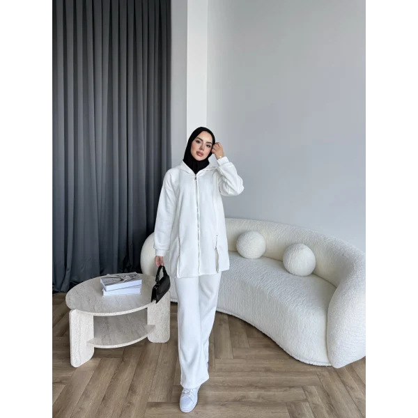 Yan Fermuarlı 3 İplik Takım - Beyaz