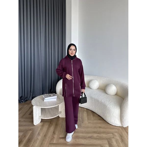 Yan Fermuarlı 3 İplik Takım - Bordo