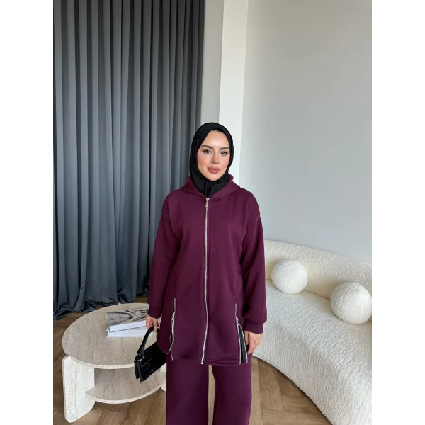 Yan Fermuarlı 3 İplik Takım - Bordo