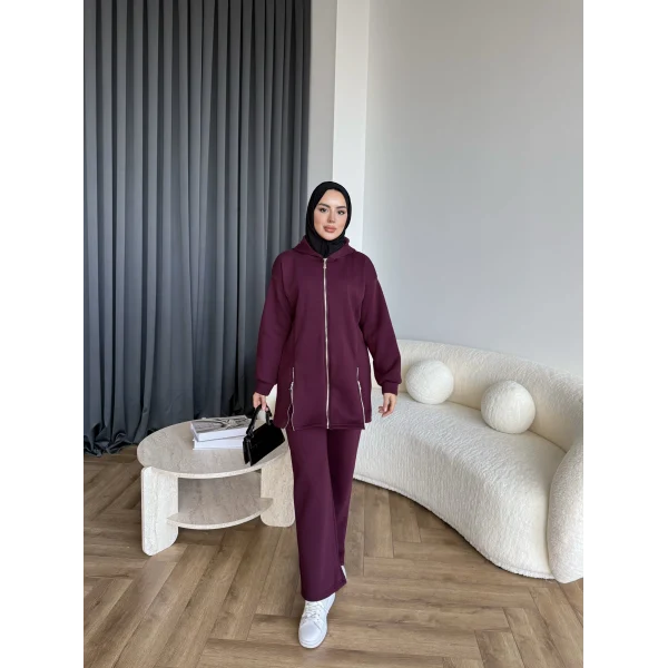 Yan Fermuarlı 3 İplik Takım - Bordo