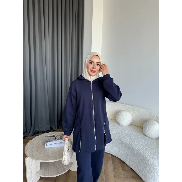 Yan Fermuarlı 3 İplik Takım - Lacivert