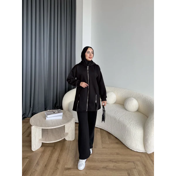 Yan Fermuarlı 3 İplik Takım - Siyah