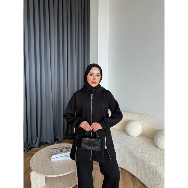 Yan Fermuarlı 3 İplik Takım - Siyah