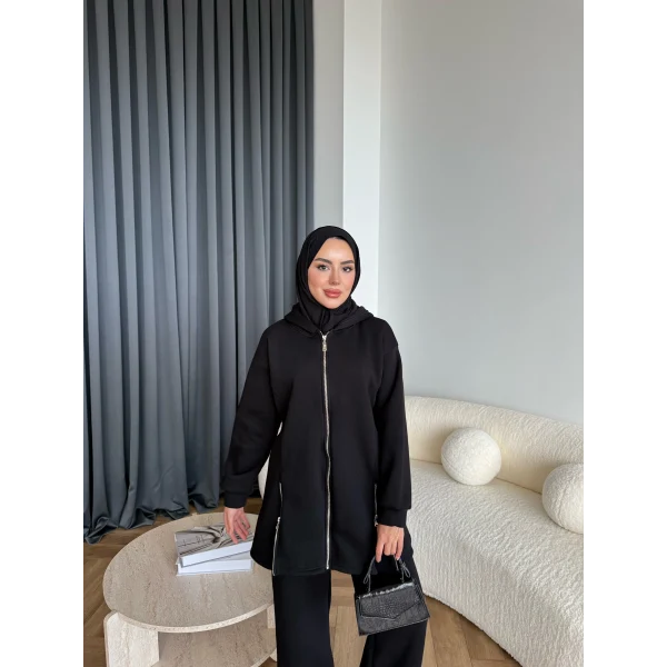 Yan Fermuarlı 3 İplik Takım - Siyah