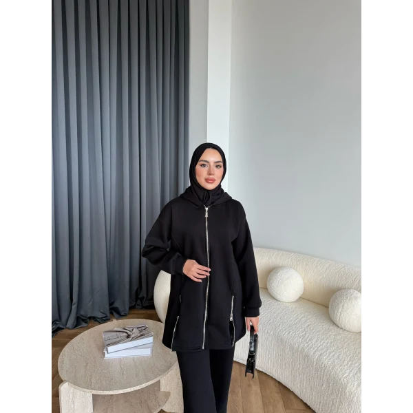 Yan Fermuarlı 3 İplik Takım - Siyah