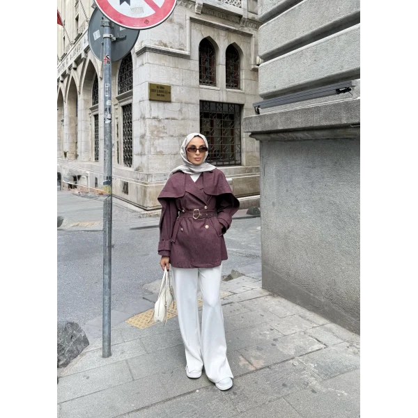 Yarasa Kollu Kruvaze Lupin Kot Ceket - Bordo