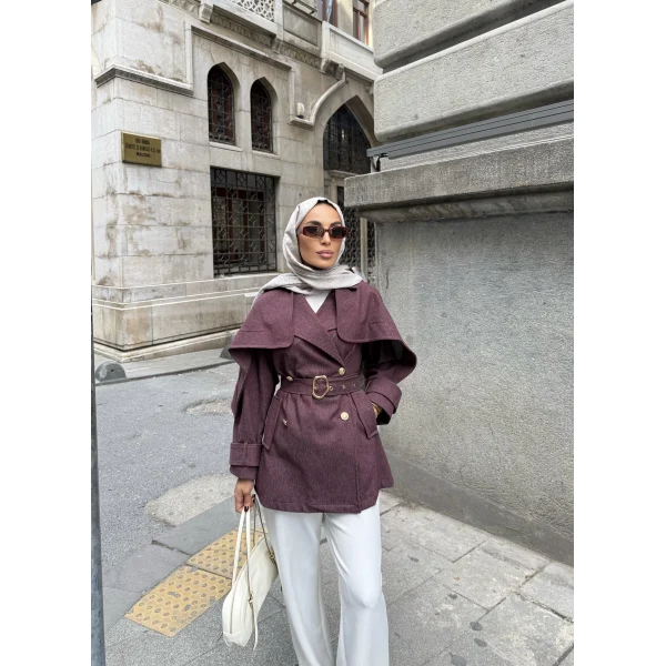 Yarasa Kollu Kruvaze Lupin Kot Ceket - Bordo