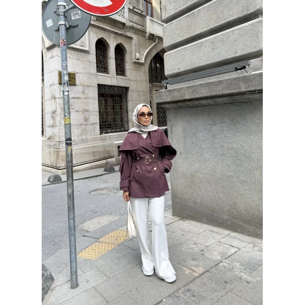 Yarasa Kollu Kruvaze Lupin Kot Ceket - Bordo