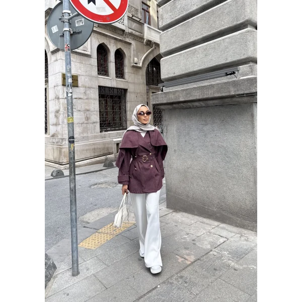 Yarasa Kollu Kruvaze Lupin Kot Ceket - Bordo