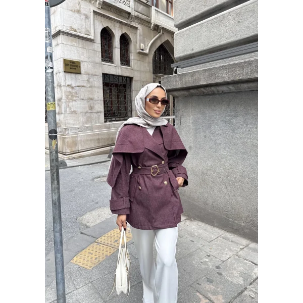 Yarasa Kollu Kruvaze Lupin Kot Ceket - Bordo