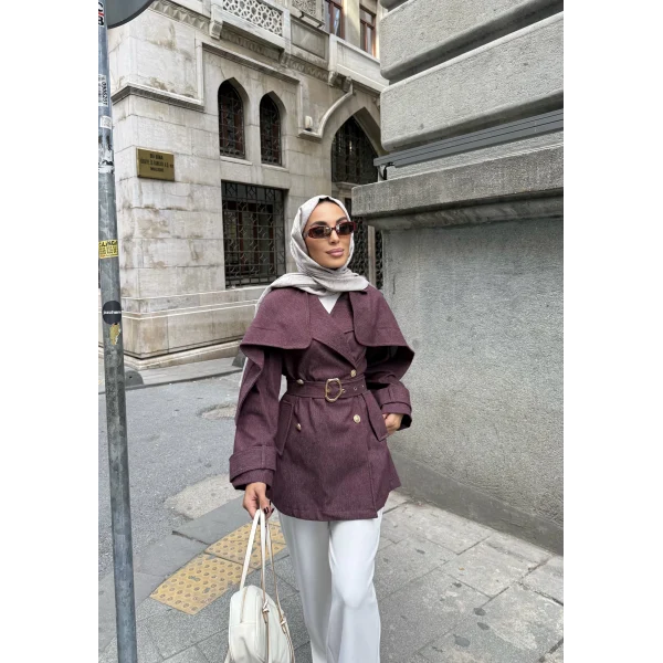 Yarasa Kollu Kruvaze Lupin Kot Ceket - Bordo