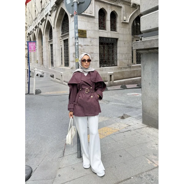 Yarasa Kollu Kruvaze Lupin Kot Ceket - Bordo