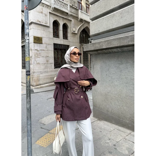 Yarasa Kollu Kruvaze Lupin Kot Ceket - Bordo