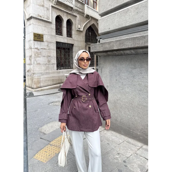 Yarasa Kollu Kruvaze Lupin Kot Ceket - Bordo