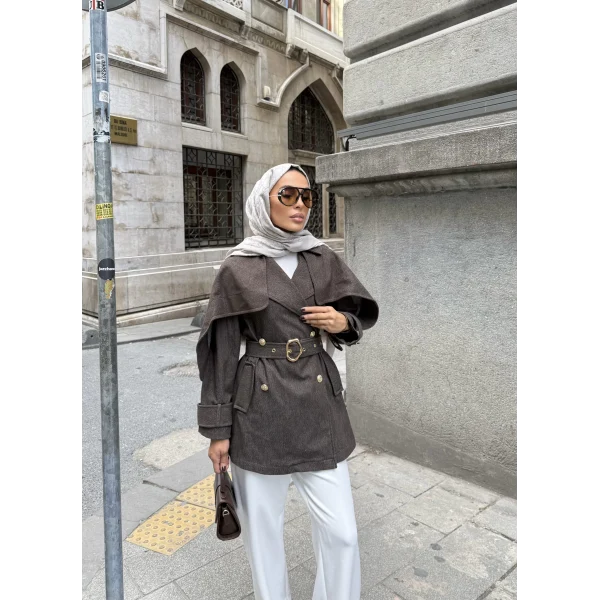 Yarasa Kollu Kruvaze Lupin Kot Ceket - Kahve