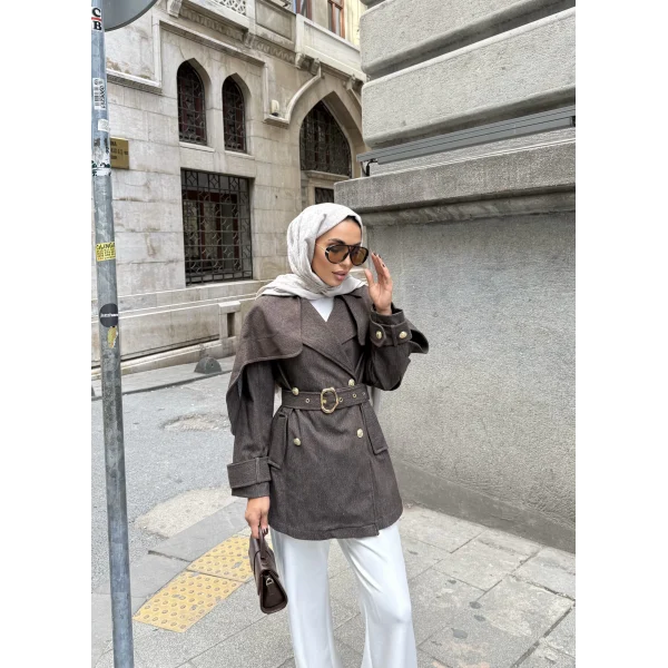 Yarasa Kollu Kruvaze Lupin Kot Ceket - Kahve