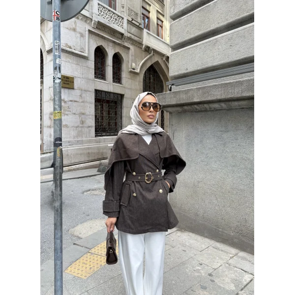 Yarasa Kollu Kruvaze Lupin Kot Ceket - Kahve