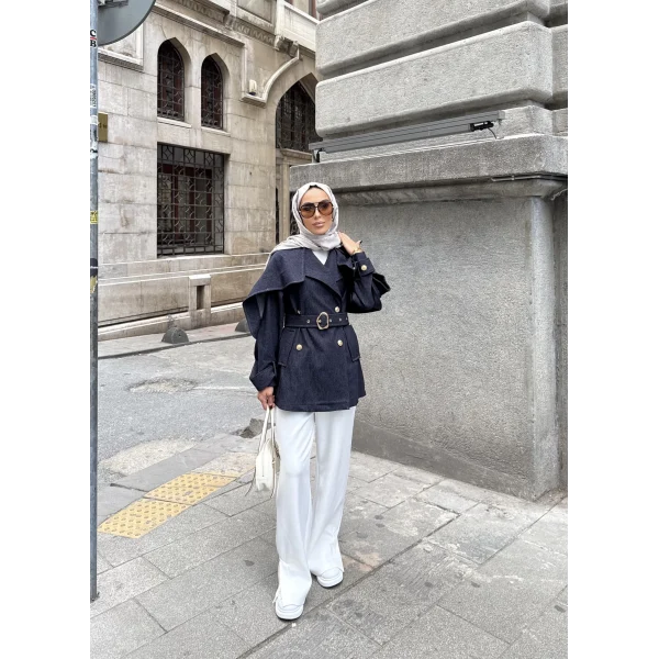 Yarasa Kollu Kruvaze Lupin Kot Ceket - Mavi