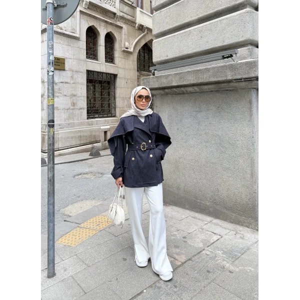 Yarasa Kollu Kruvaze Lupin Kot Ceket - Mavi