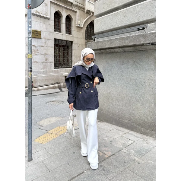 Yarasa Kollu Kruvaze Lupin Kot Ceket - Mavi