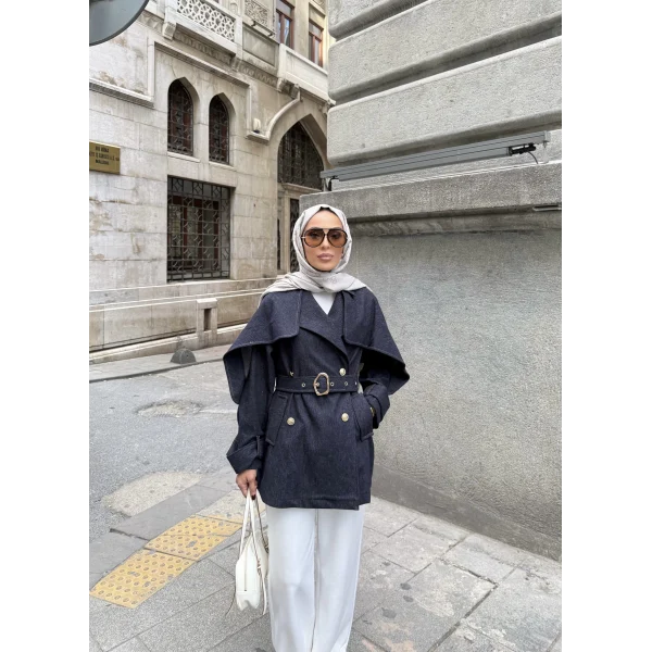 Yarasa Kollu Kruvaze Lupin Kot Ceket - Mavi