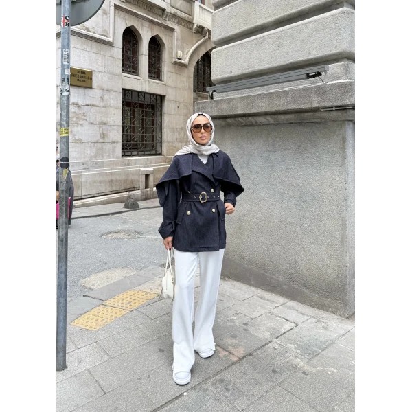 Yarasa Kollu Kruvaze Lupin Kot Ceket - Mavi