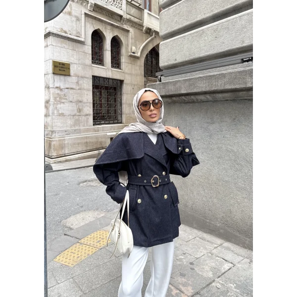 Yarasa Kollu Kruvaze Lupin Kot Ceket - Mavi