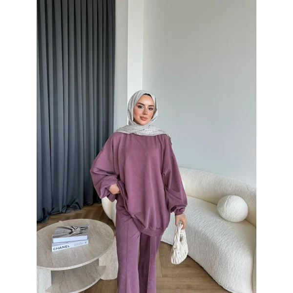 Yıkamalı Eşofman Takım - Bordo