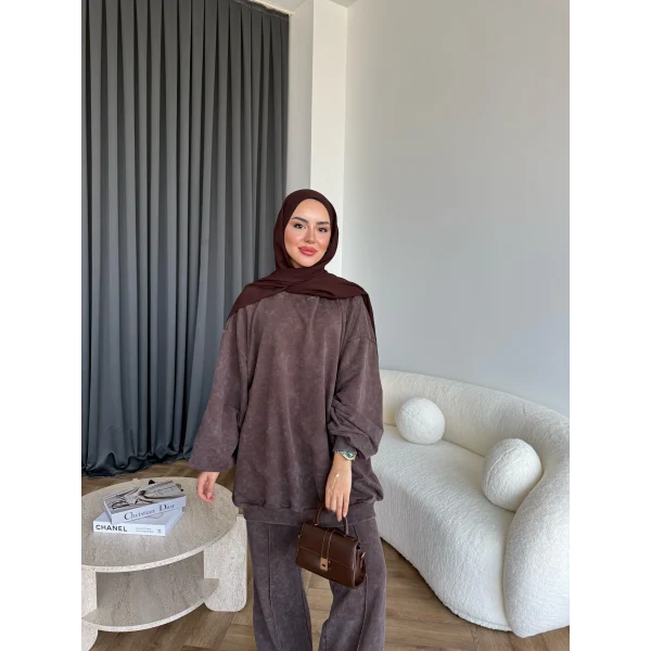 Yıkamalı Eşofman Takım - Kahve