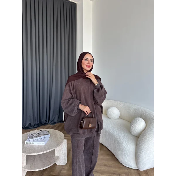 Yıkamalı Eşofman Takım - Kahve