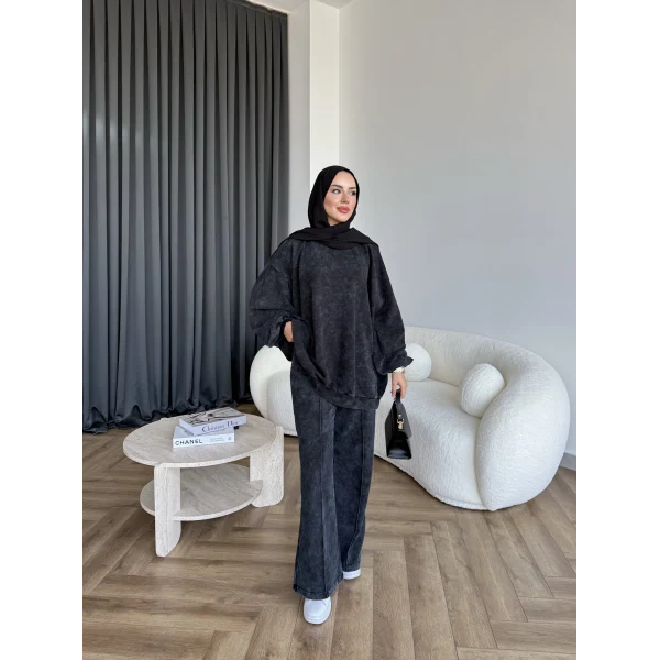 Yıkamalı Eşofman Takım - Siyah