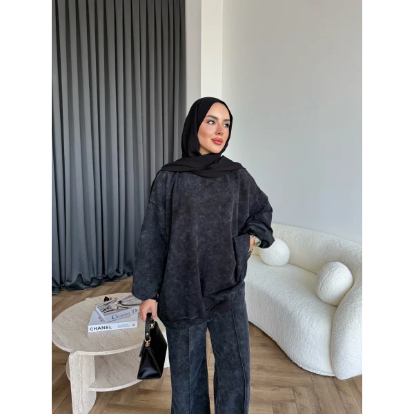 Yıkamalı Eşofman Takım - Siyah