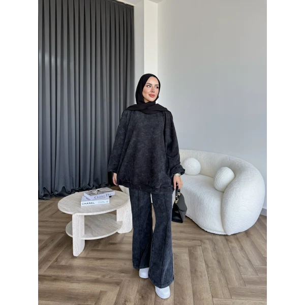 Yıkamalı Eşofman Takım - Siyah